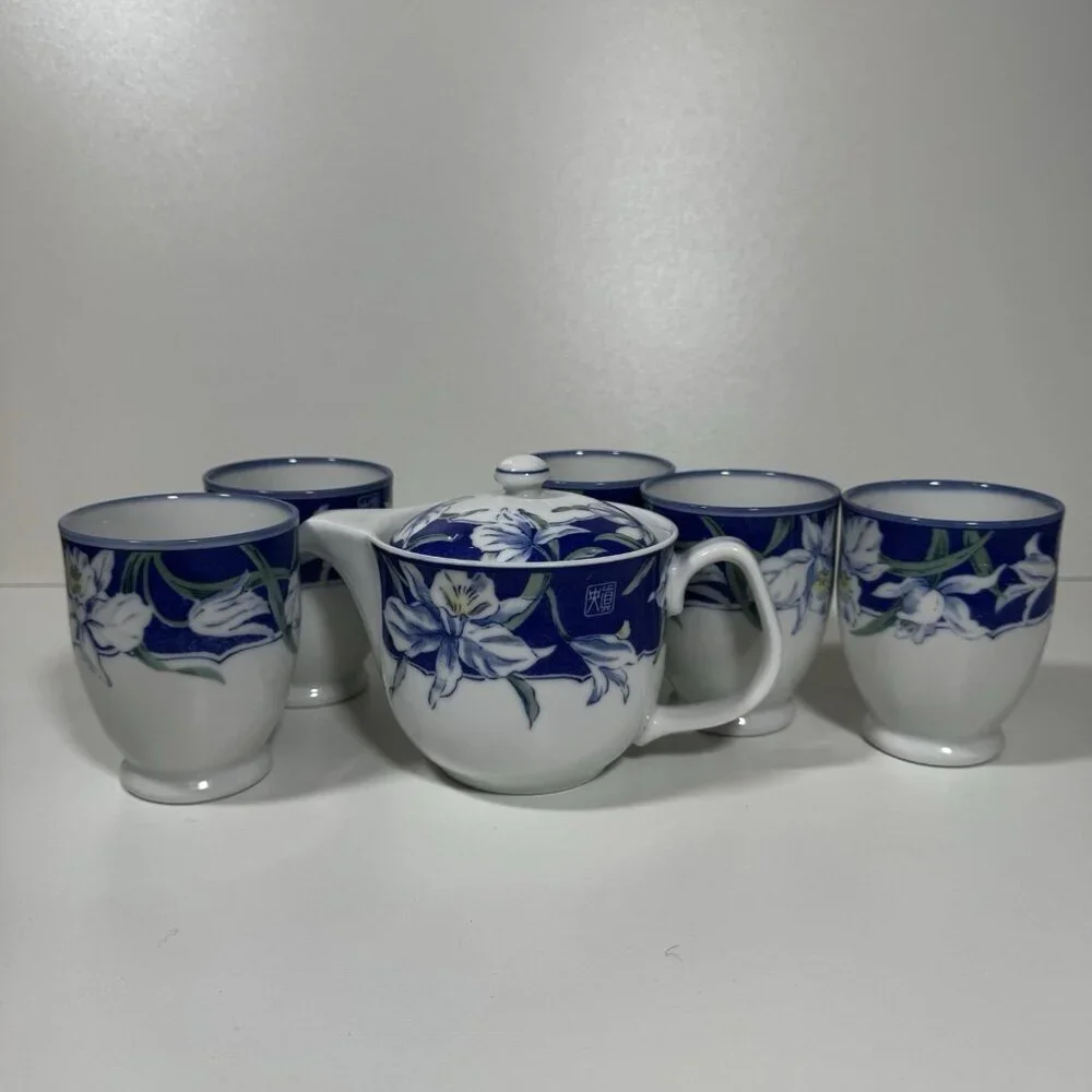 Vintage Arita Yaki Japanese Porcelain Kyusu Yunomi Tea Set Royal Iris Blue White